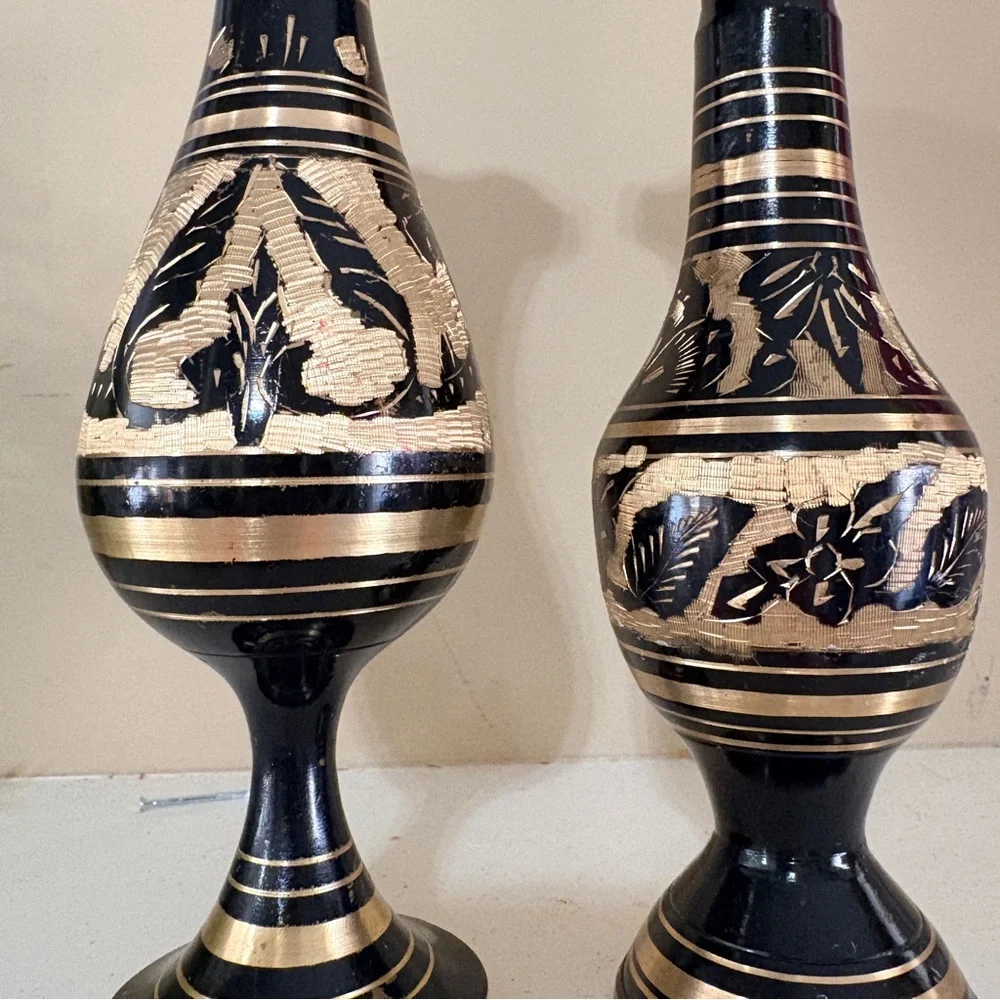 Pair of Vintage Indian Brass Vases - Black Enamel with Hand Etched Design